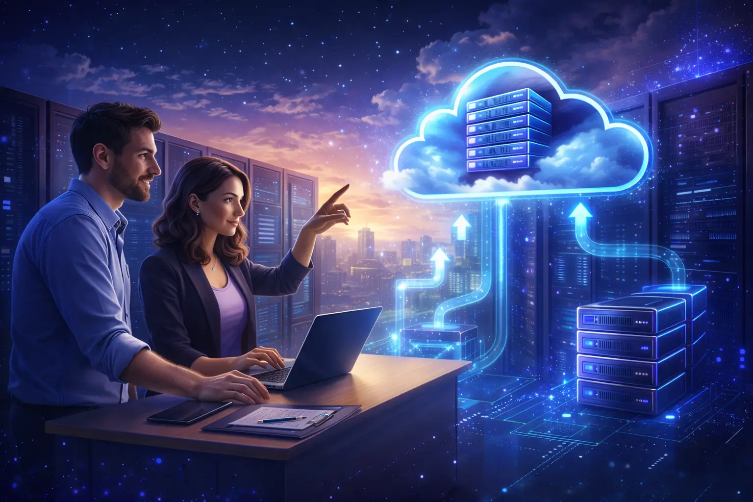 Modern illustration showing cloud infrastructure with virtualized servers, representing migration and scalability toward cloud servers.
