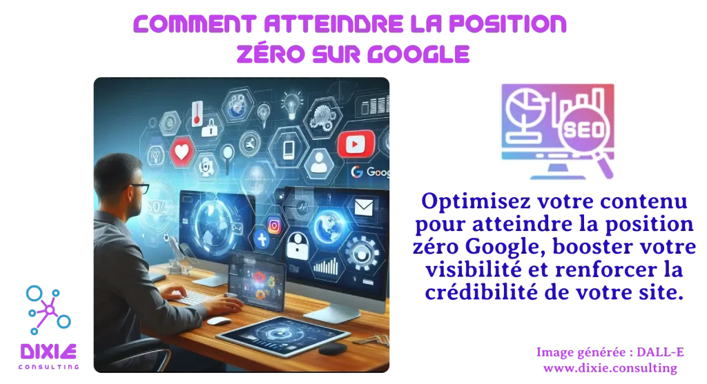 visuel montrant le titre "Comment atteindre la position zéro sur Google" avec les logos de Google, Dixie Consulting et SEO