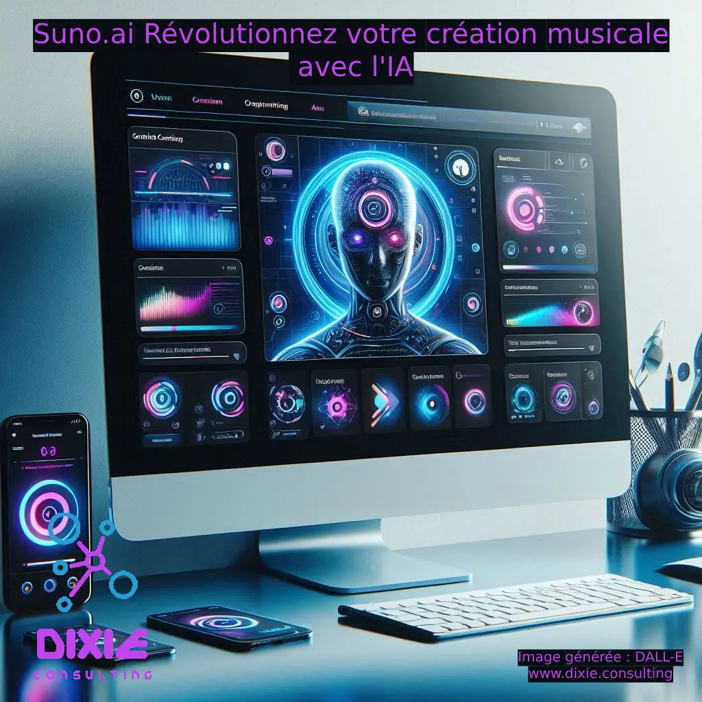 Interface virtuelle de Suno.ai avec ondes sonores et éléments holographiques