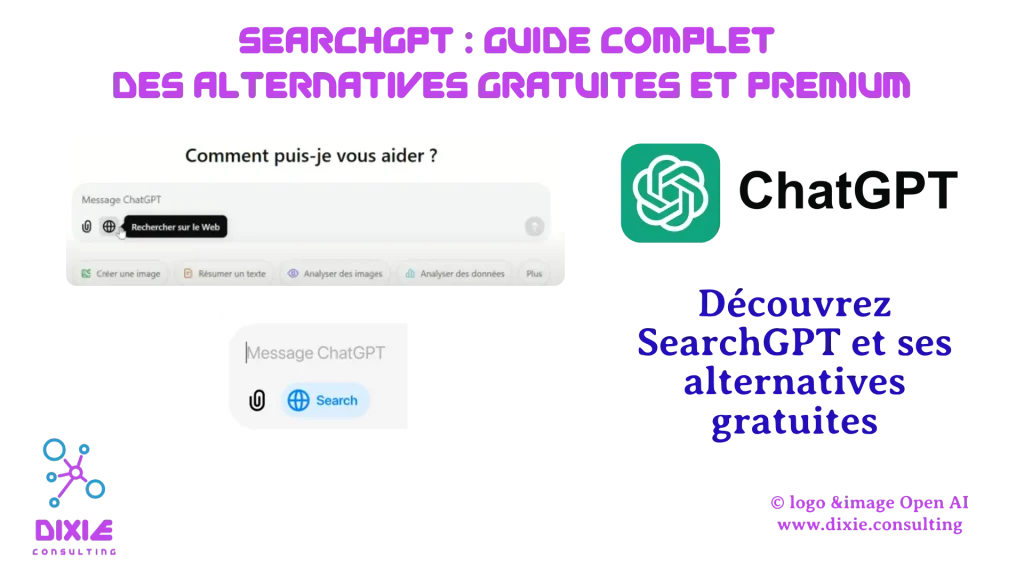 Comparaison des interfaces de SearchGPT officiel et alternatives gratuites avec captures d'écran
