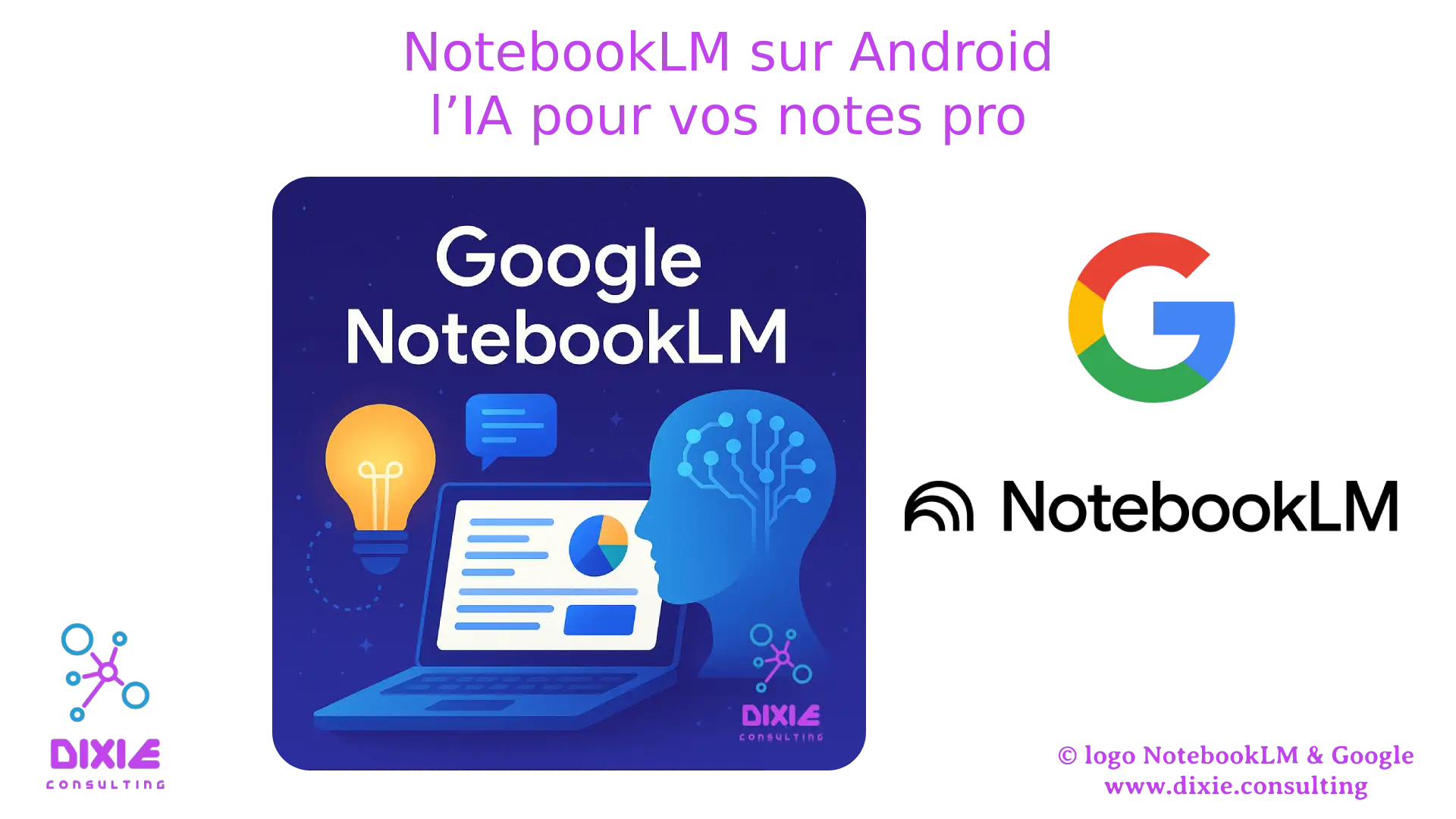 Illustration d’un ordinateur affichant Google NotebookLM avec des icônes d’IA, de graphiques et de documents, sur fond bleu et violet.