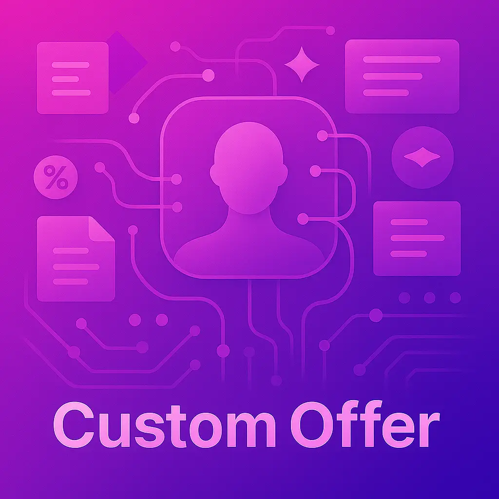 Futuristic square illustration with a magenta-to-violet gradient background. A faceless AI avatar is centered, surrounded by glowing data streams, document icons, efficiency symbols, and neural network connections. The words “Custom Offer” appear at the bottom.
