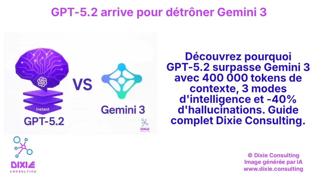 Illustration comparative entre GPT-5.2 d'OpenAI et Gemini 3 de Google, montrant les trois modes d'intelligence et le contexte de 400 000 tokens.