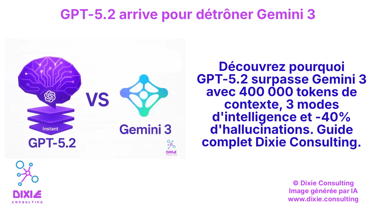 Illustration comparative entre GPT-5.2 d'OpenAI et Gemini 3 de Google, montrant les trois modes d'intelligence et le contexte de 400 000 tokens.