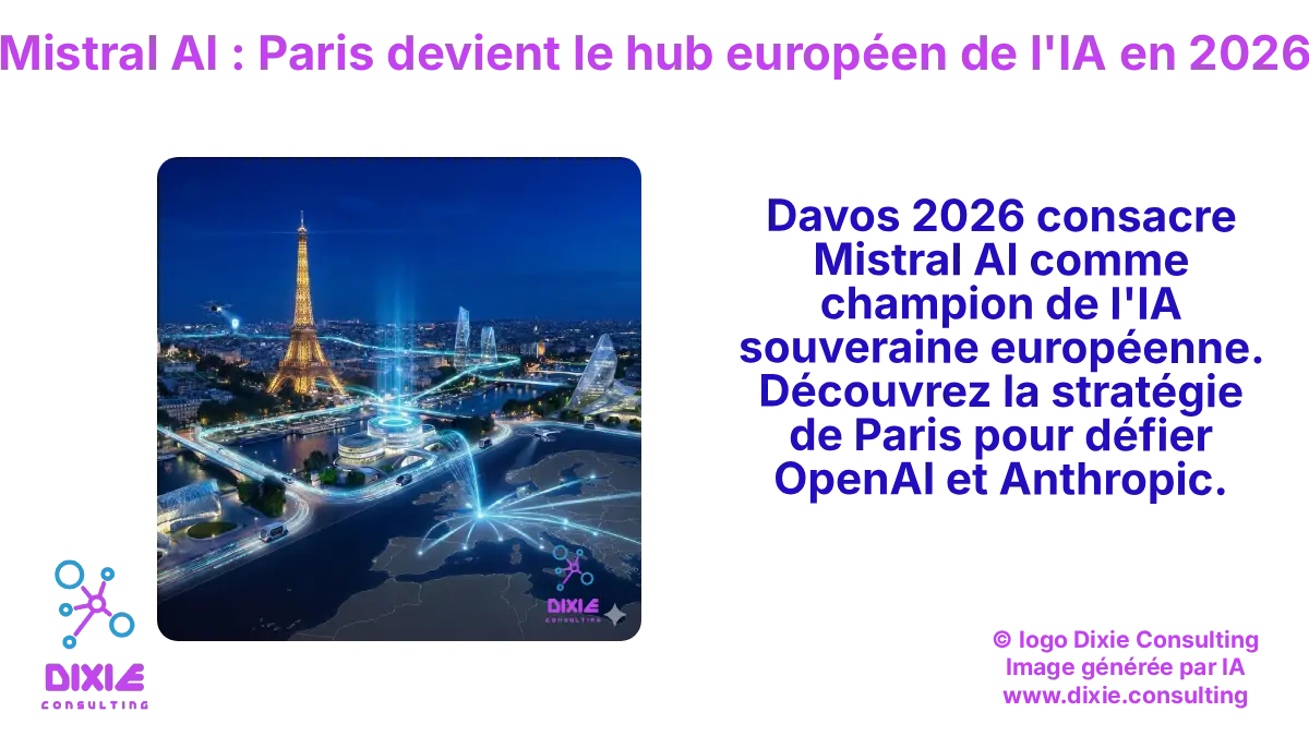 Vue nocturne futuriste de Paris où la Tour Eiffel est illuminée, avec des faisceaux lumineux bleus s'élevant d'un centre technologique moderne sur la Seine pour se connecter à une carte de l'Europe, symbolisant la ville comme un hub de données et d'innovation. Des véhicules autonomes et des drones circulent dans la scène.